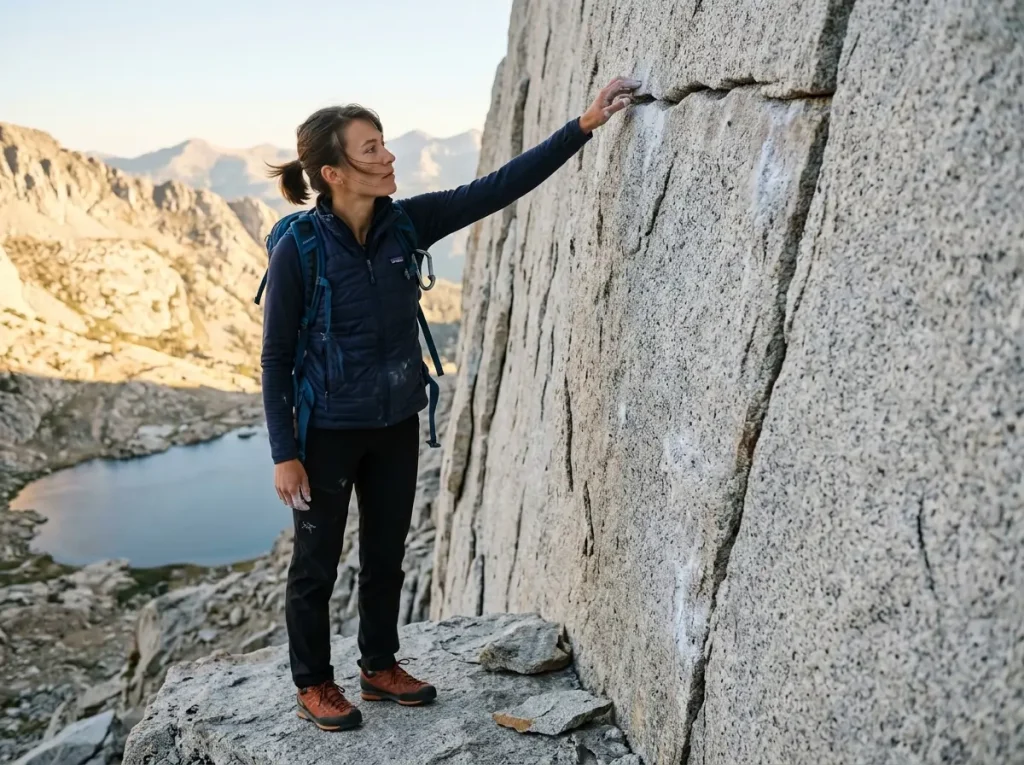 Female hiker assessing a Class 4 move on granite, understanding YDS scramble risk before committing
