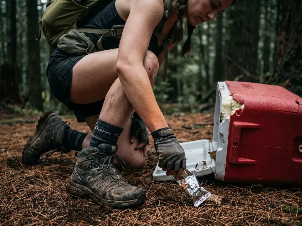 Frustrated hiker picking up trash near a destroyed, abandoned trail magic cooler cache.