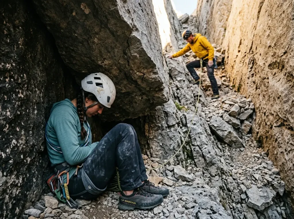 Technical scrambler waiting safely tucked under a rock overhang while her climbing partner navigates treacherous loose terrain far above to mitigate rockfall danger.