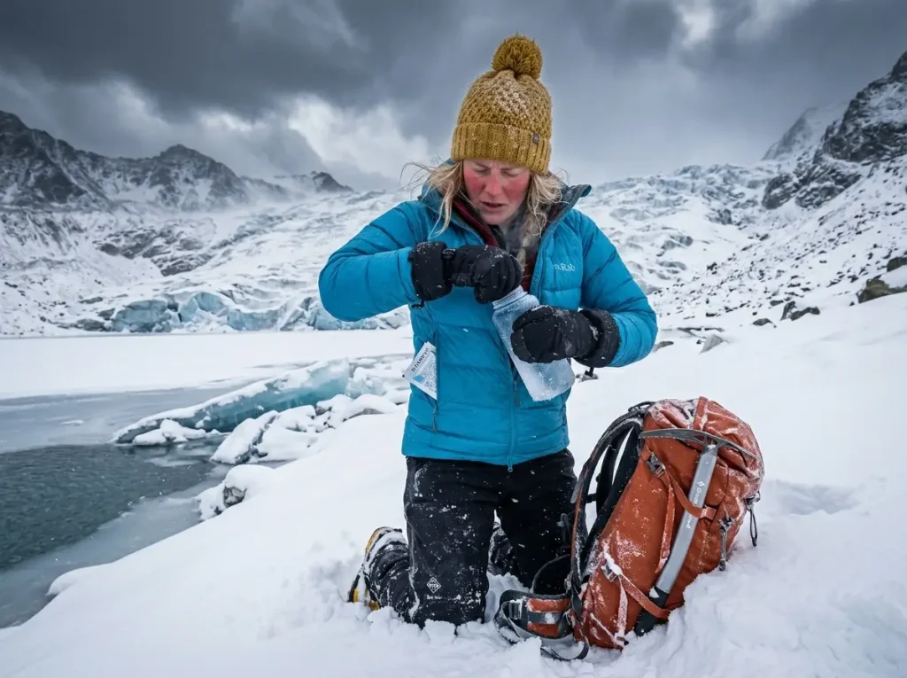 Mountaineer storing water in her jacket, managing thermodynamics of iodine tablets vs chlorine dioxide hiking.