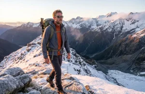 6 Best Hiking Pants for Cold Weather Men 2026 Hiker in cold weather hiking pants crossing a snowy alpine ridge at dawn
