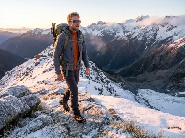 cold-weather-hiking-pants-alpine-ridge-dawn Hiker in cold weather hiking pants crossing a snowy alpine ridge at dawn
