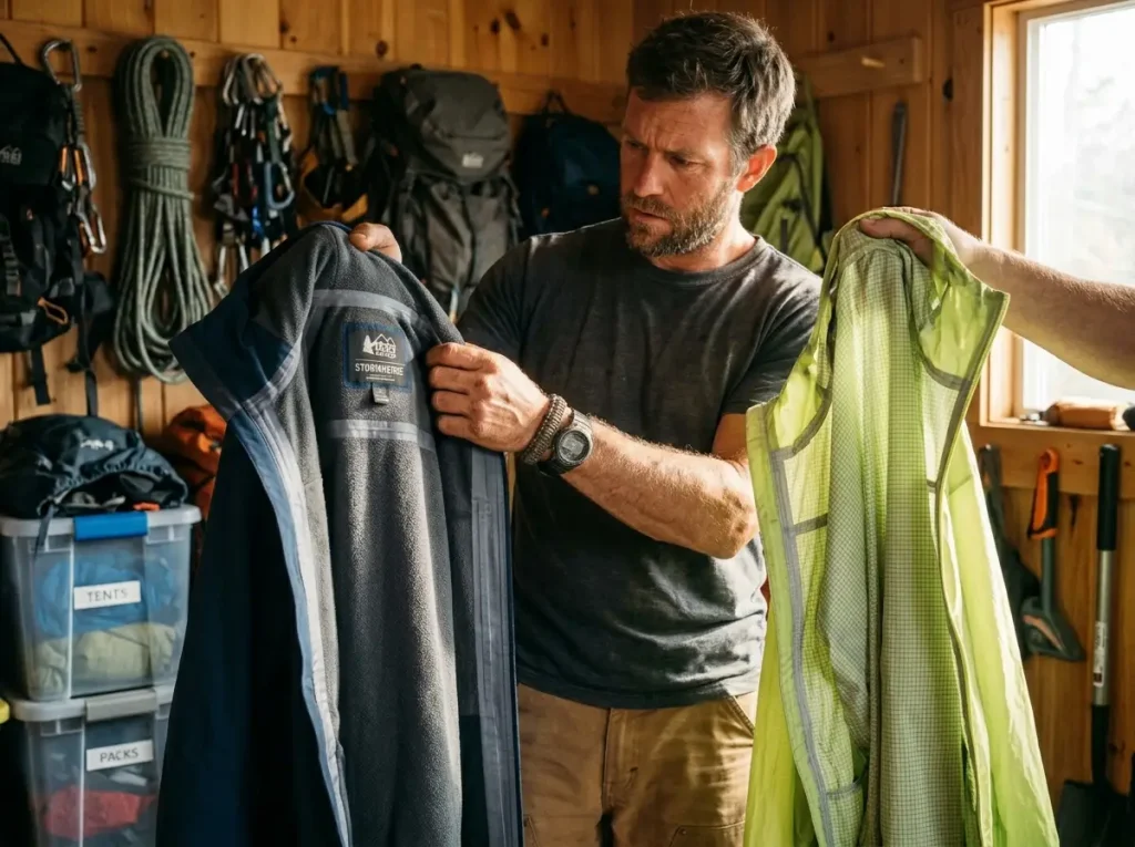 Hiker comparing the inner lining of a premium 3-layer hardshell against a 2.5-layer ultralight rain jacket in a gear room