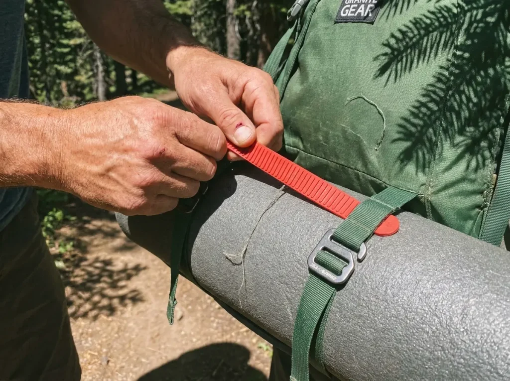 Hands cinching a Voile strap over a foam pad on a Granite Gear pack's compression straps