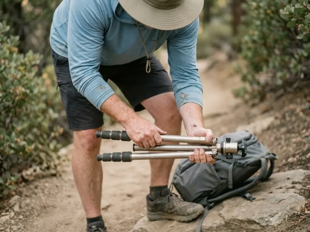 Photographer condensing a camera tripod to respect trail space