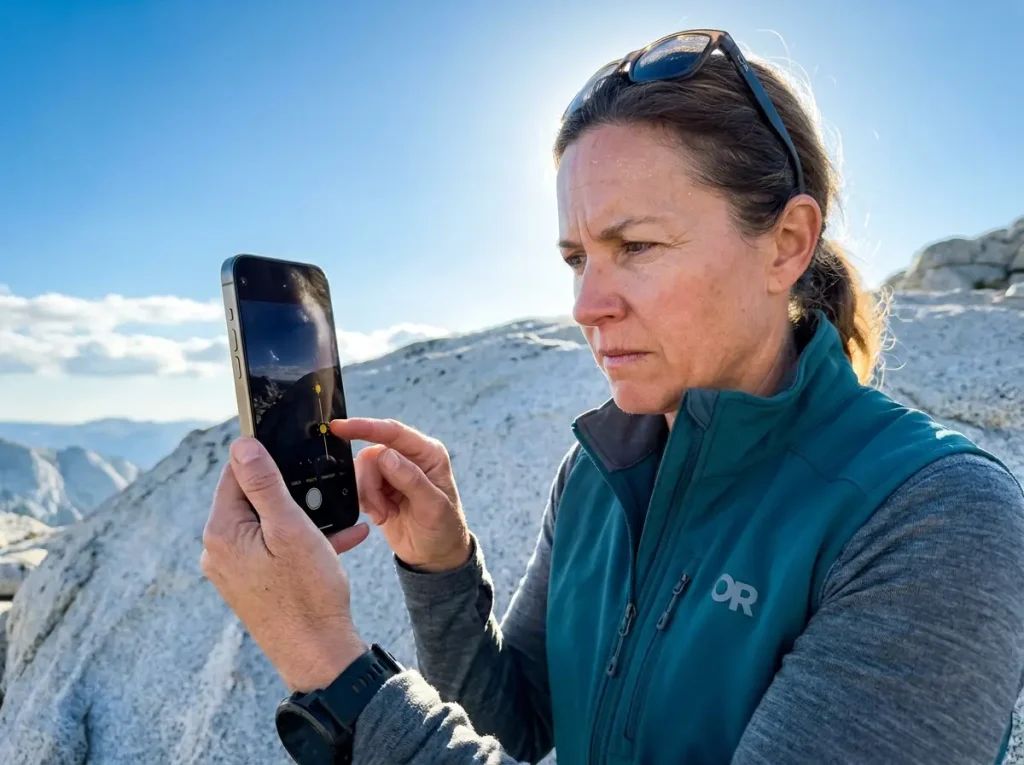 Female hiker adjusting smartphone exposure for bright skies