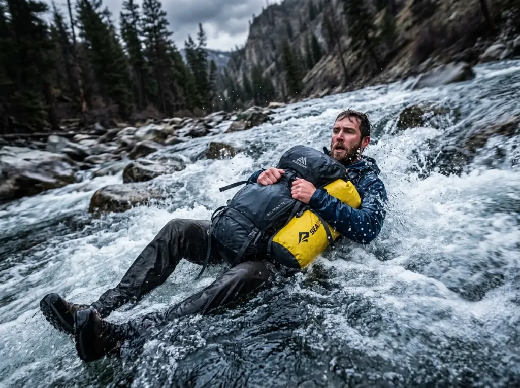 Hiker demonstrating emergency defensive swimming for how to cross a stream safely on foot.