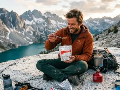 How to Dehydrate Your Own Backpacking Meals Safely Rugged backpacker holding homemade chili pouch, demonstrating a dehydrate your own backpacking meals guide.