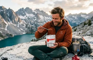 How to Dehydrate Your Own Backpacking Meals Safely Rugged backpacker holding homemade chili pouch, demonstrating a dehydrate your own backpacking meals guide.