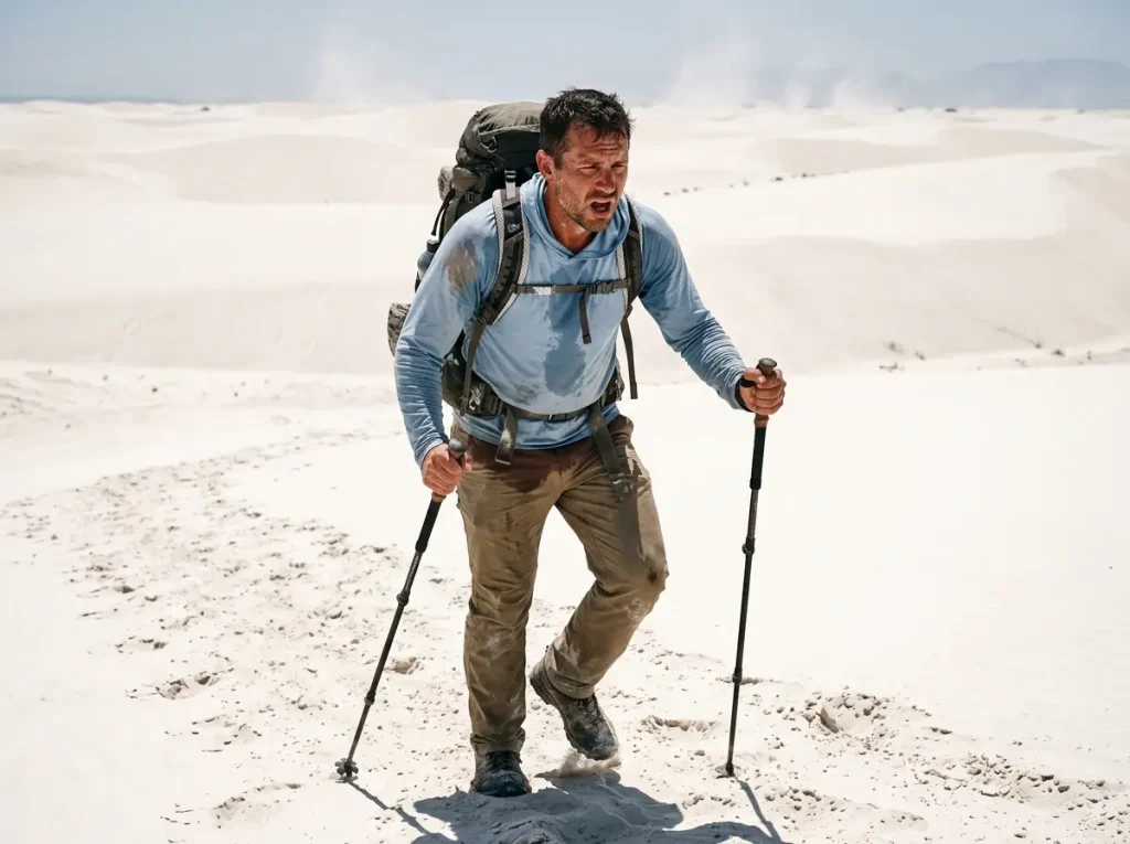 Male hiker pushing through thermoregulatory stress on a steep sandy dune.