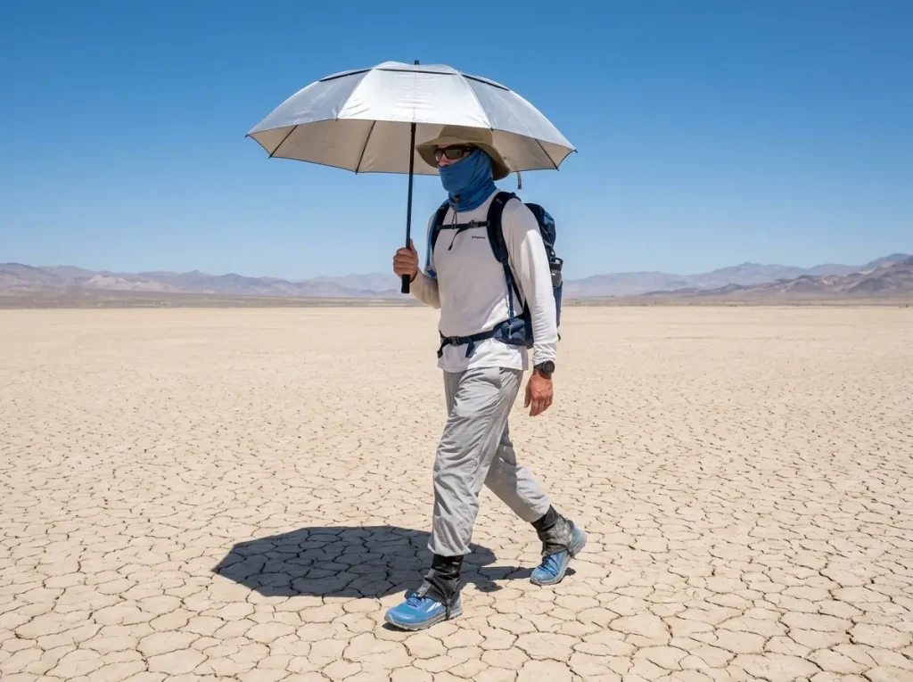 Backpacker using a modular desert system and silver umbrella to deflect heat.