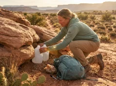 How to Cache Water for Desert Hiking Step by Step Hiker placing water jugs behind desert rocks on a sandy trail at golden hour