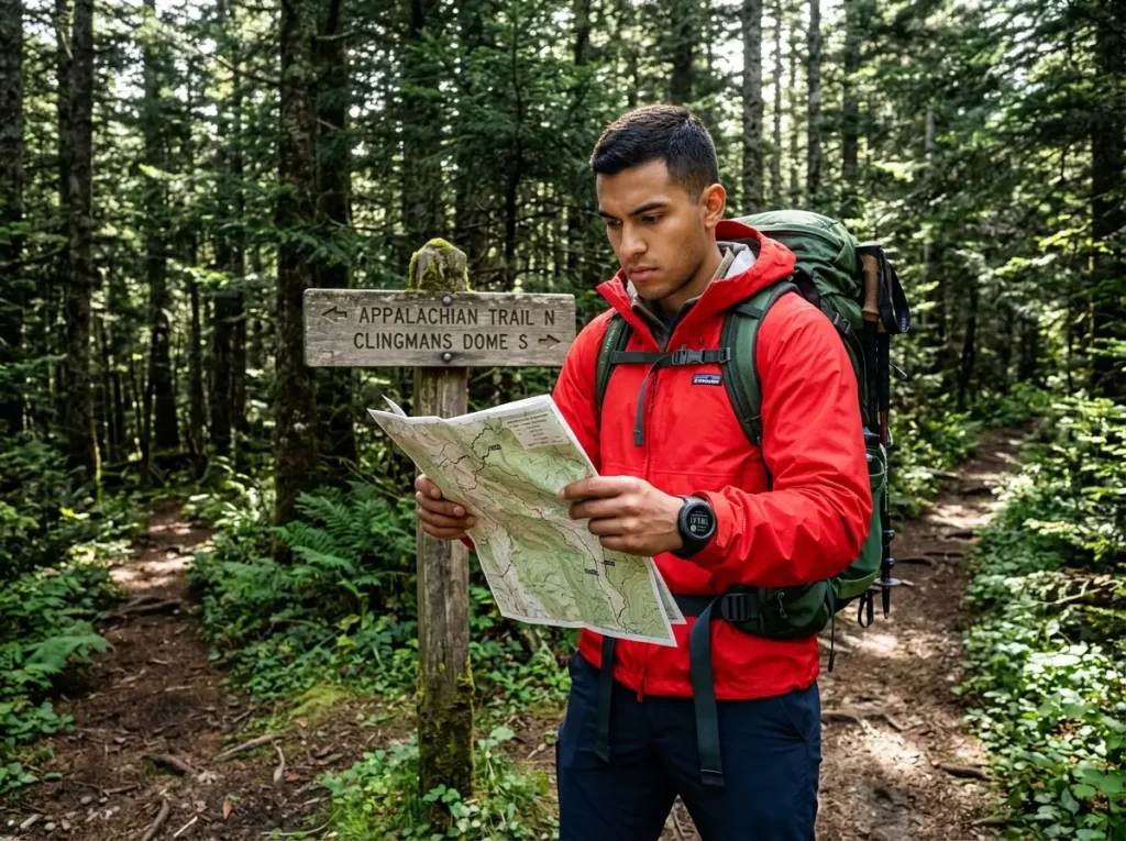 Focused hiker checking a topo map at a trail junction to avoid wilderness disassociation.