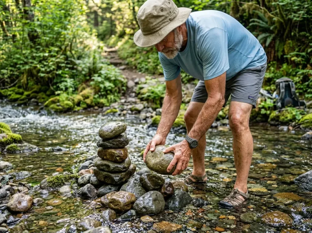 Experienced hiker safely dismantling an unauthorized rock cairn in a stream bed to protect the local ecosystem.