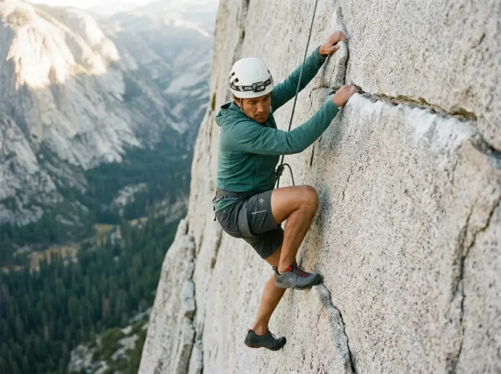 Scrambler face-inward descending Class 4 granite with exposure below — down-climb penalty terrain