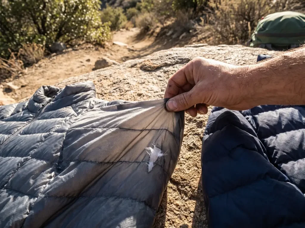 Close-up comparison of thin ultralight down jacket shell fabric vs thicker 20-denier down jacket on a rocky trail