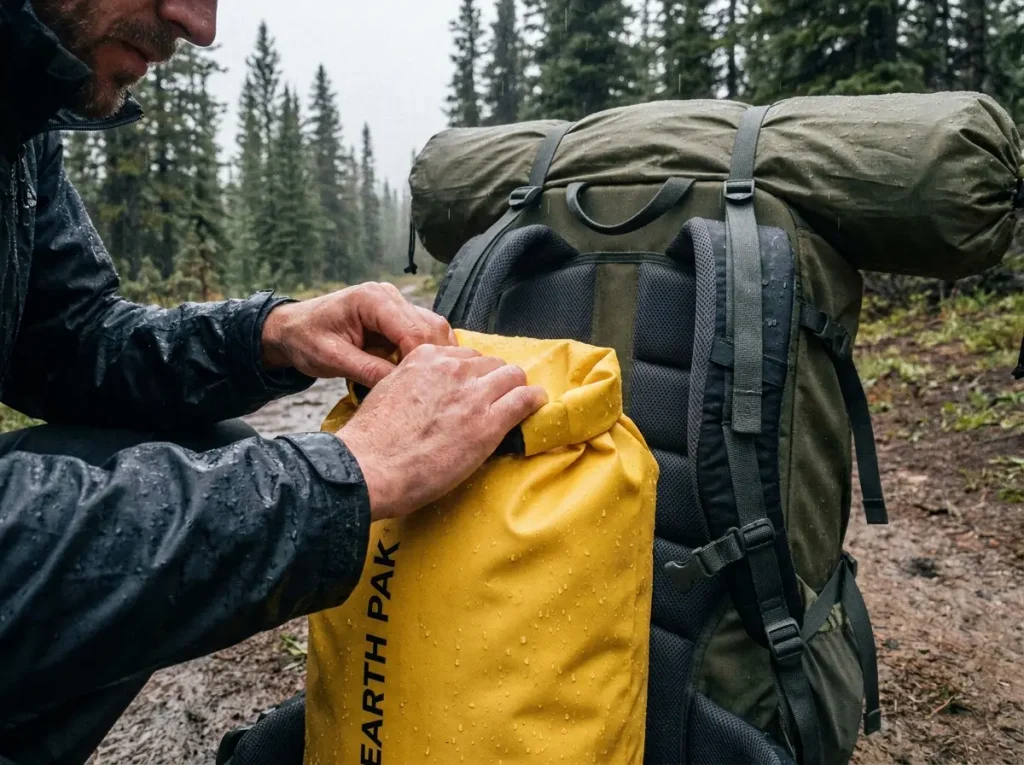 Gear sealed in an Earth Pak roll-top dry bag before being lashed to a backpack in light rain