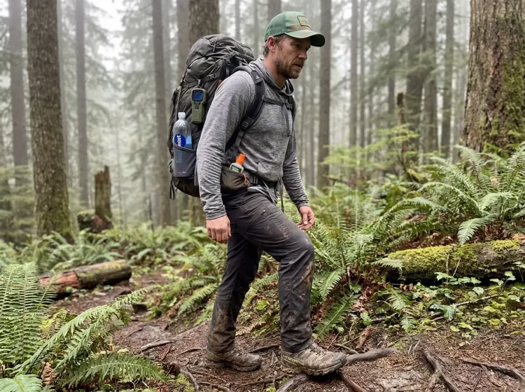 Backpacker with Thermacell clipped to pack and bug spray in hip belt pocket on trail