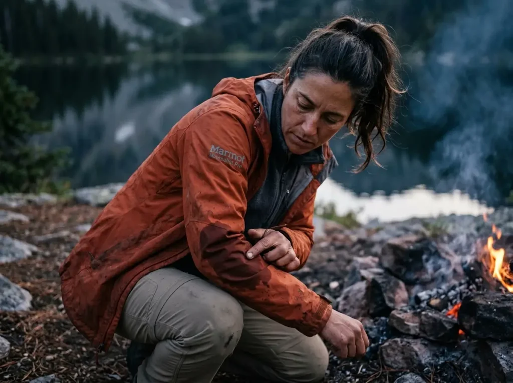 Female guide testing DWR failure on her Marmot rain jacket next to a backcountry campfire at dusk