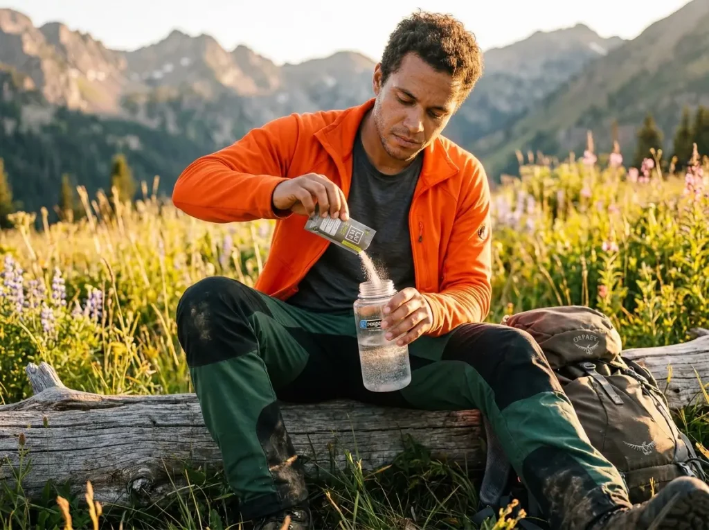 Athletic hiker resting on a log and pouring electrolyte powder into a bottle to replace heavy sodium losses