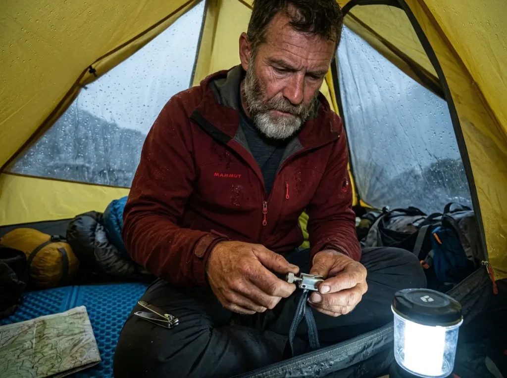 Male trekker installing a FixnZip replacement slider on a broken tent zipper during a rainstorm.