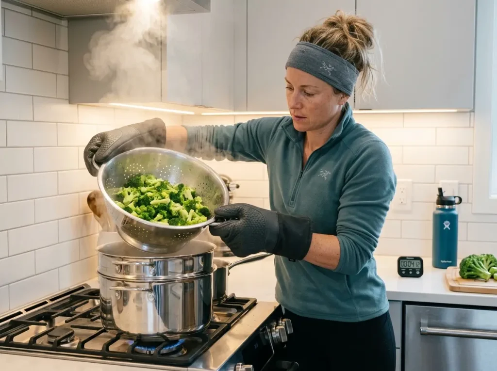 Female trekker steam-blanching fresh broccoli florets in a kitchen to halt enzymatic decay.