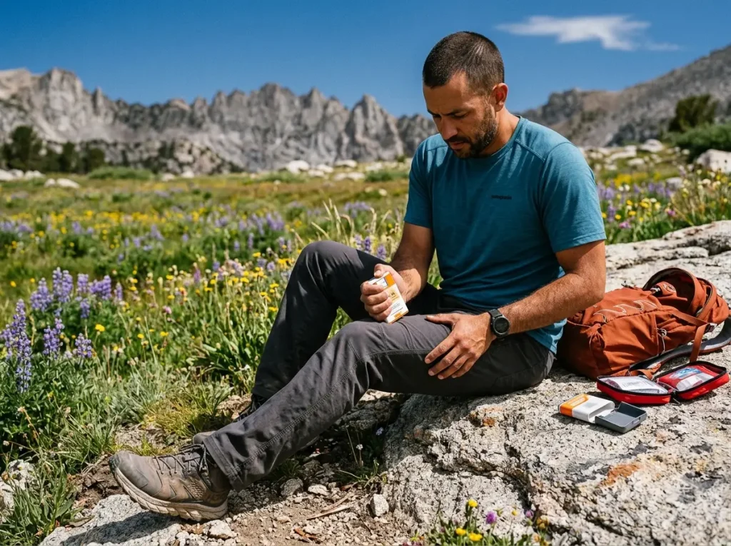 Hiker self-administering Auvi-Q epinephrine auto-injector into outer thigh on alpine trail
