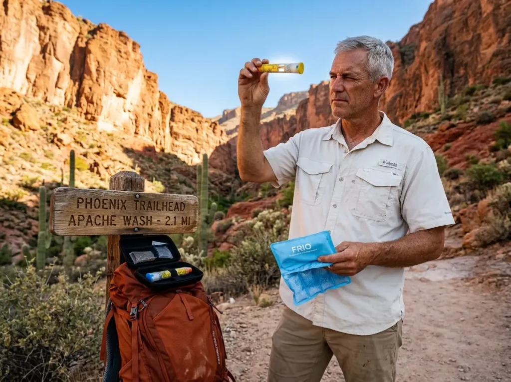 Hiker checking EpiPen inspection window in desert sunlight with Frio cooling wallet for epinephrine storage 