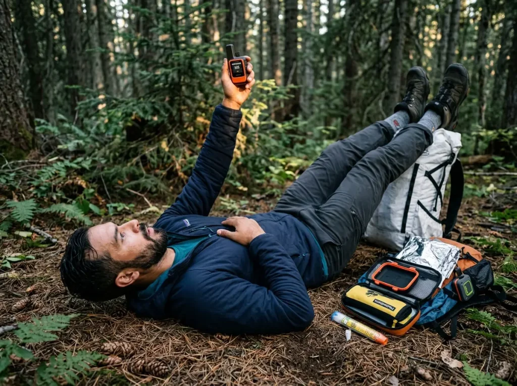 Solo hiker in Trendelenburg position activating Garmin inReach SOS after severe allergic reaction on trail