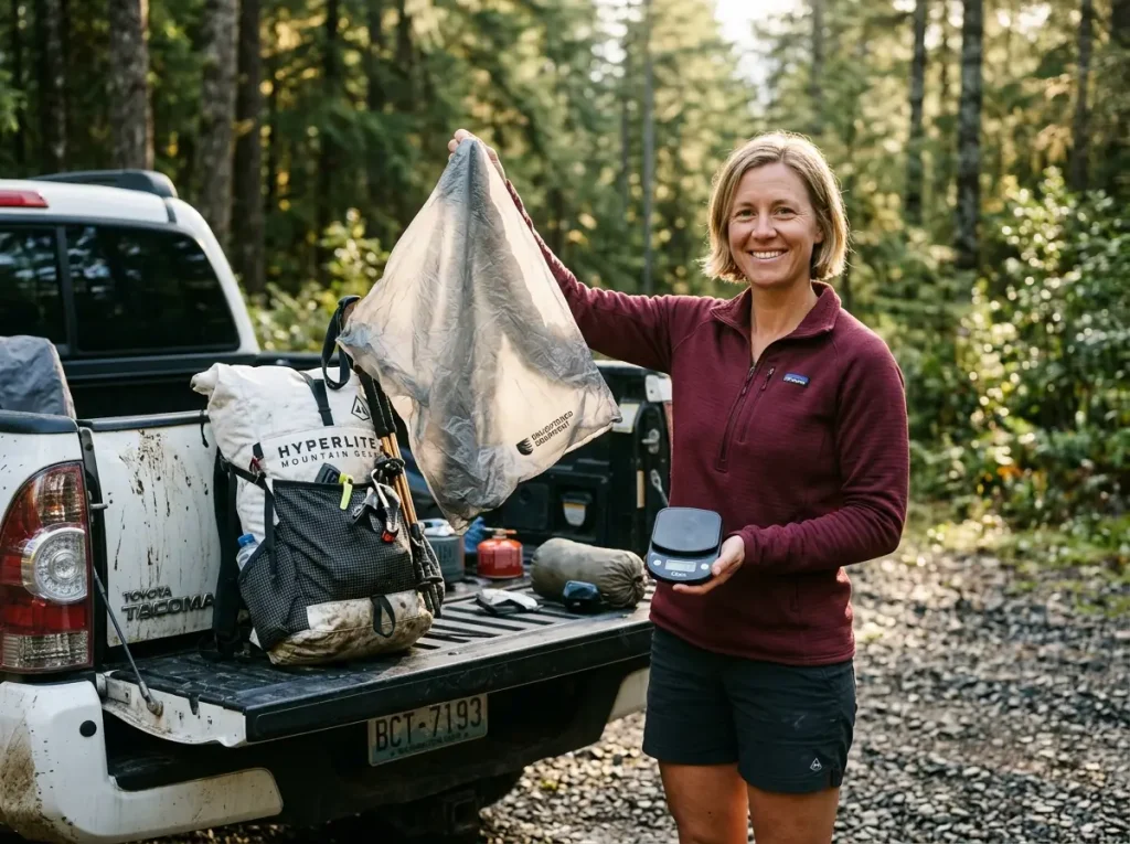 Female hiker holding an Enlightened Equipment rain wrap and a digital scale at a trailhead