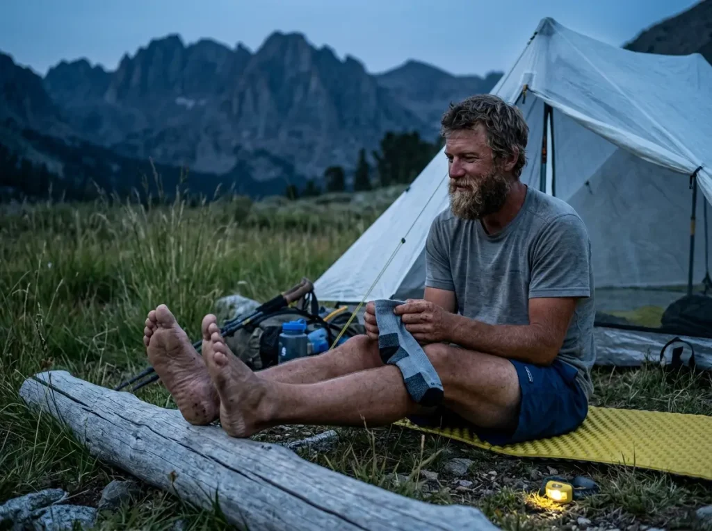 Barefoot long-distance hiker airing out his clean feet at twilight camp holding pristine Silverlight sleep socks.