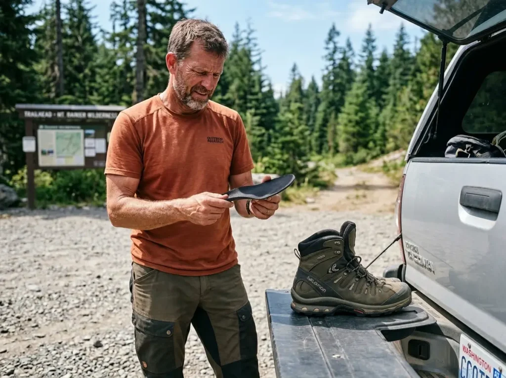 Hiker holding a flimsy paper-thin factory insole next to his Salomon boots.