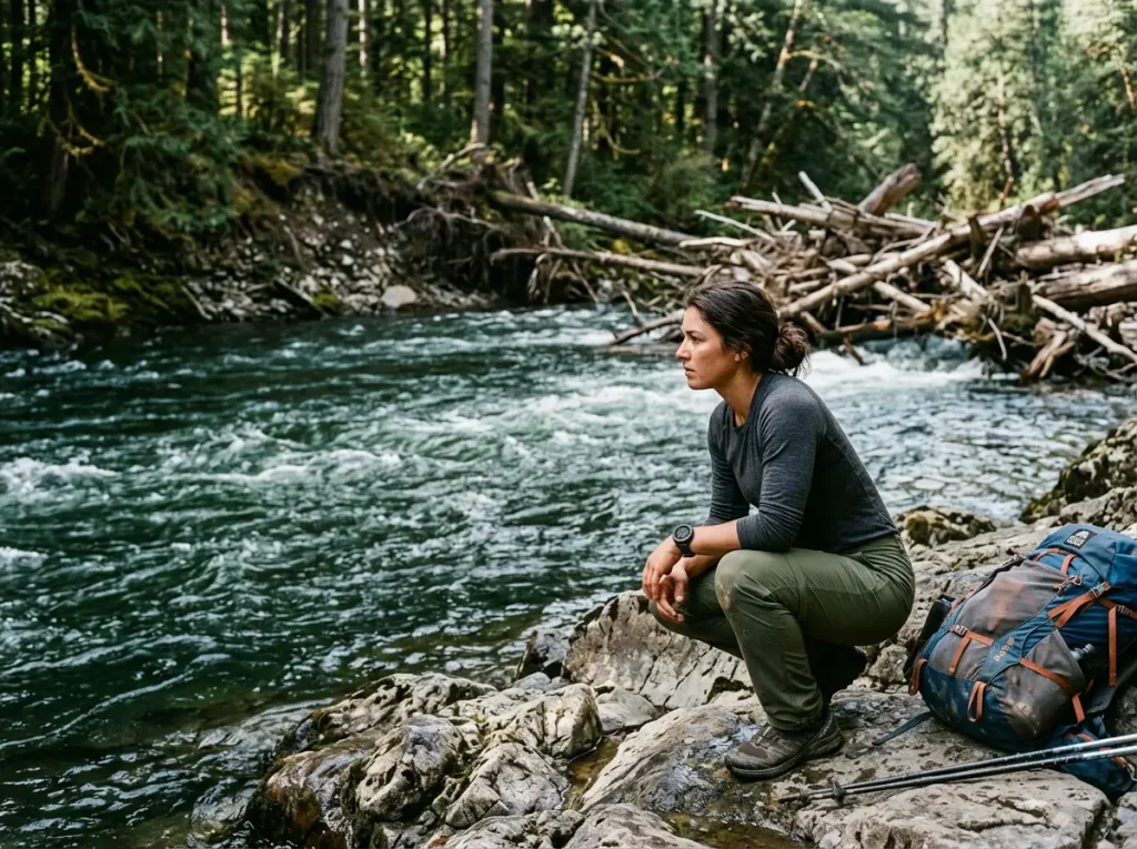 Hiker assessing dangerous river currents to learn how to cross a stream safely on foot.