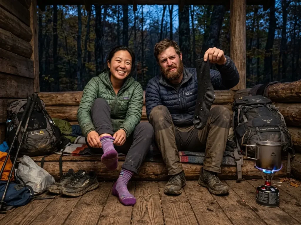 Two hikers in a wooden trail shelter comparing a fresh Smartwool sock to an old synthetic sock