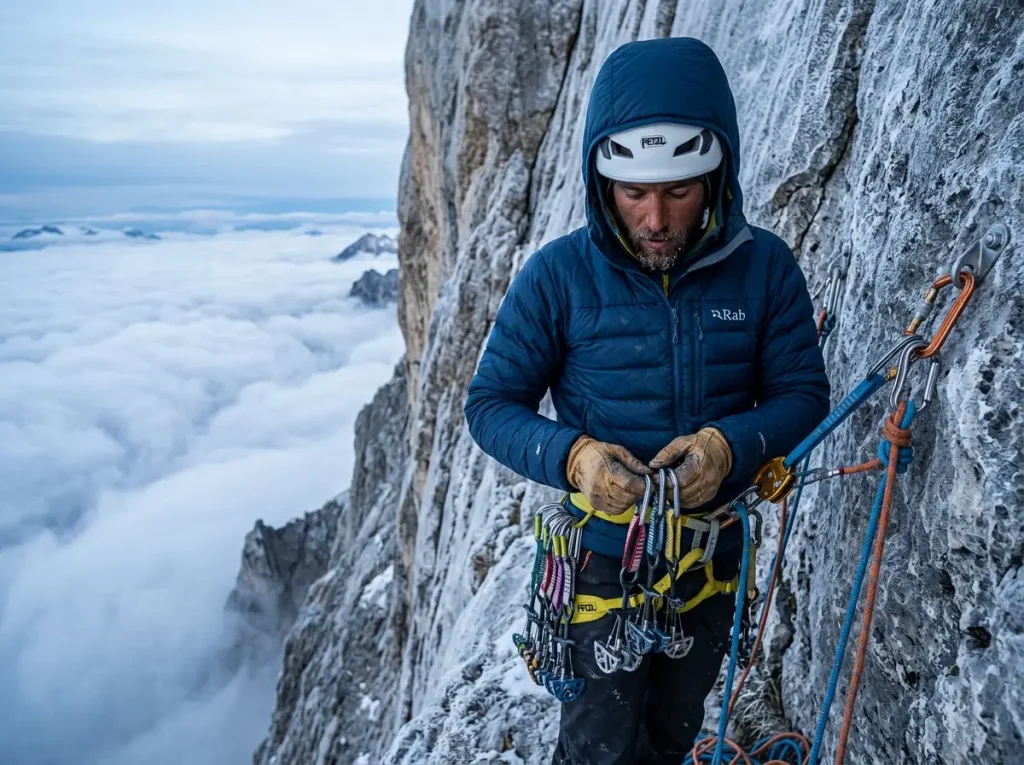 Climber wearing a Rab active insulation jacket staying warm at a freezing belay.