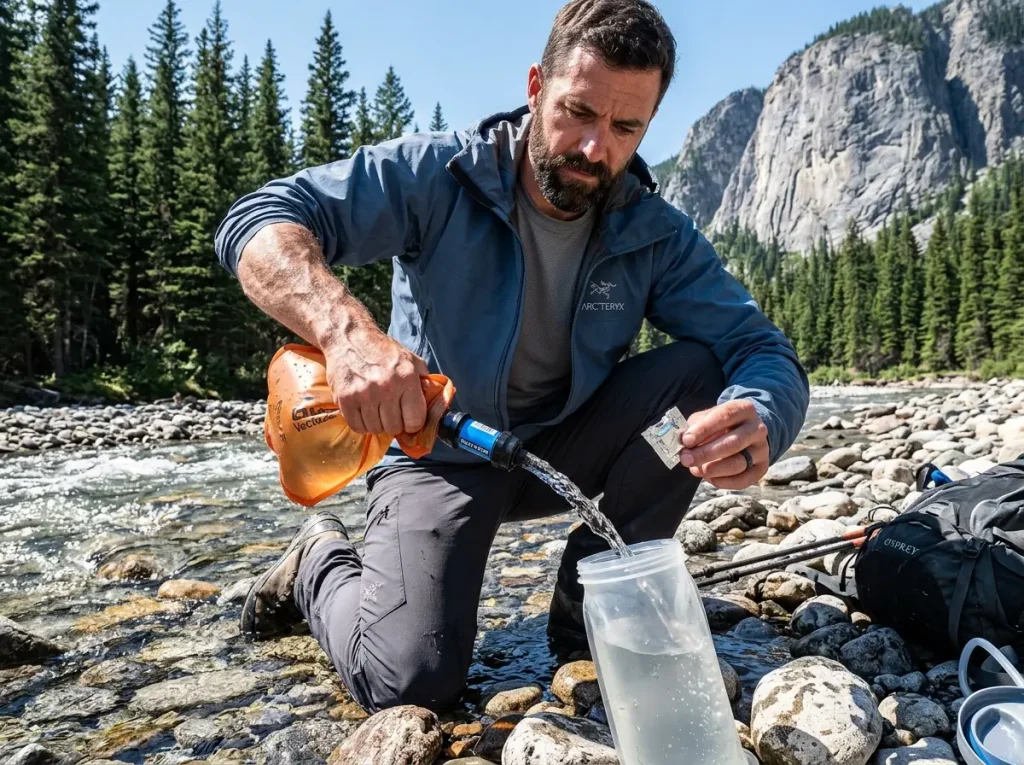 Guide utilizes a Sawyer filter and chlorine dioxide for safety; iodine tablets vs chlorine dioxide hiking.