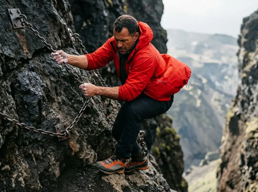 Hiker gripping fixed chain on Fimmvörðuháls ravine scramble section, South Iceland technical terrain