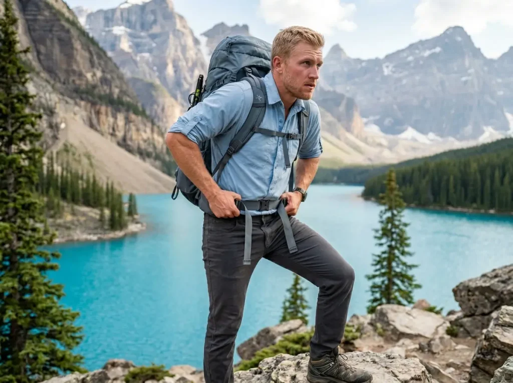 Hiker demonstrating shrug and cinch backpack fit to eliminate pant creep