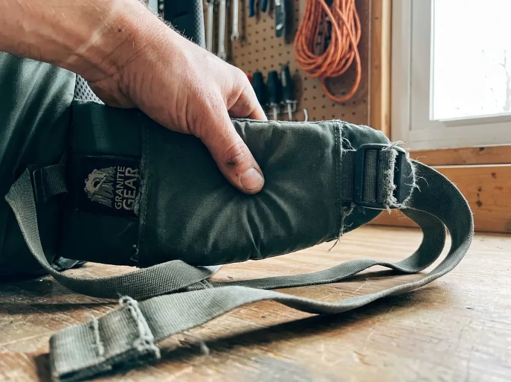 Thumb pressing flattened, packed-out hip belt foam on a worn Granite Gear hiking backpack