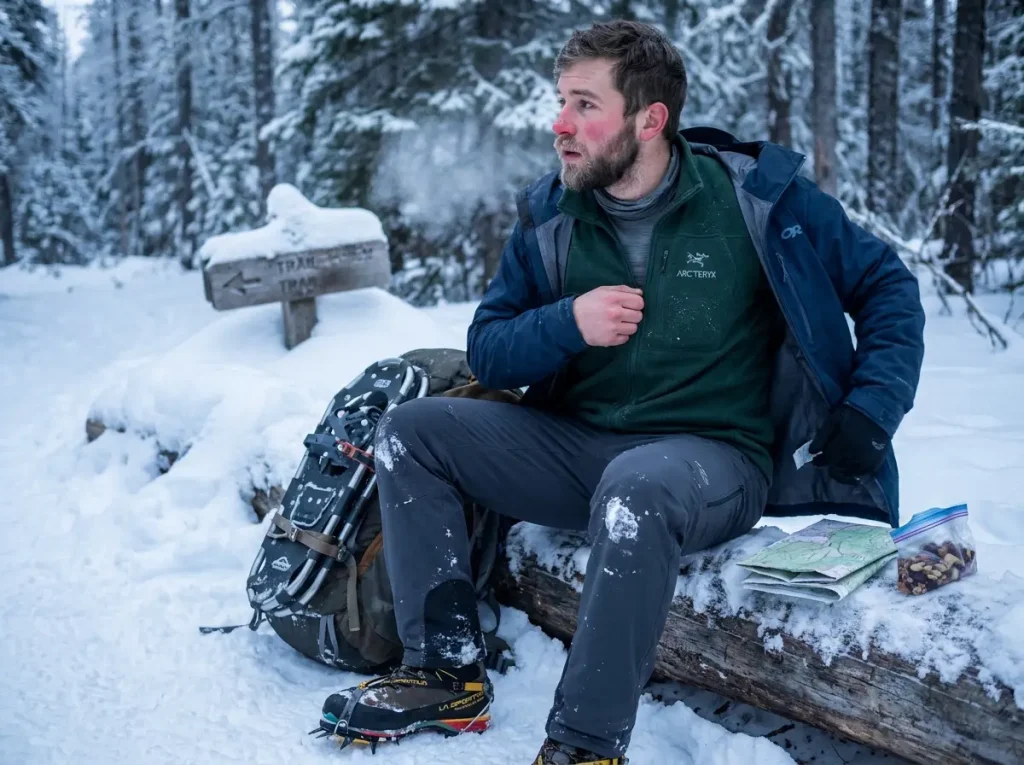 Hiker wearing fleece mid layer under open shell jacket at a snowy rest stop