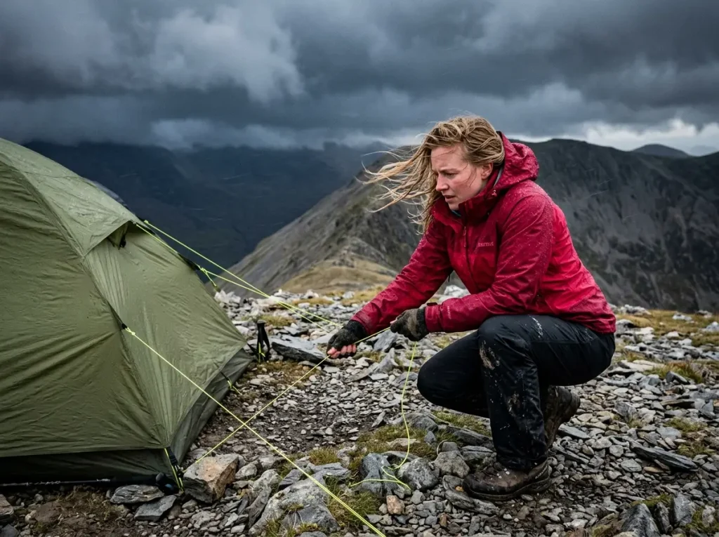 Hiker bracing a silnylon tent against high wind to test fluid dynamics and structure stability.