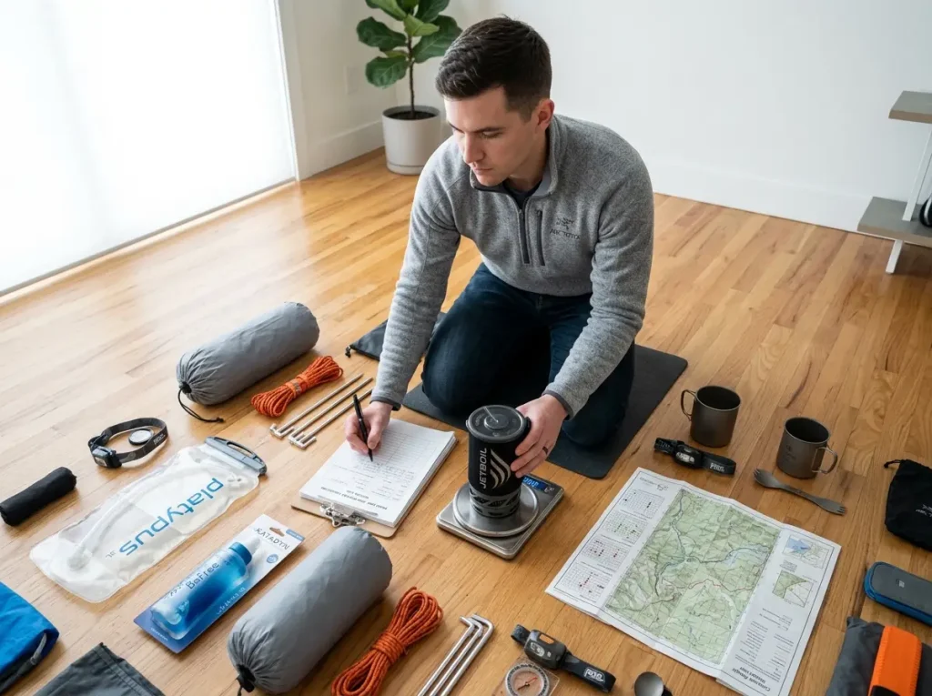 Hiker weighing a Jetboil stove during the phase one static FMEA validation protocol at home