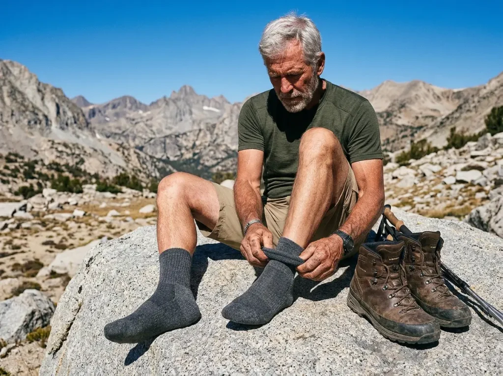 Experienced older hiker carefully rolling a Minus33 merino wool sock over a clean, blister-free foot