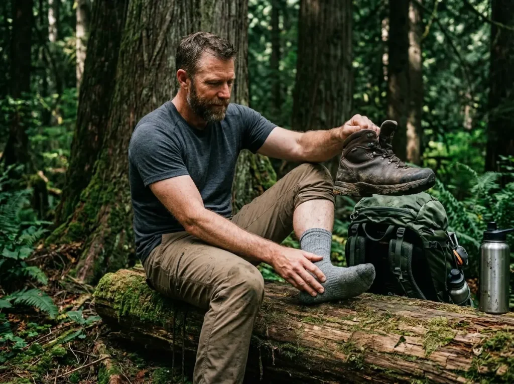 Hiker massaging swollen foot arch after removing La Sportiva boot.