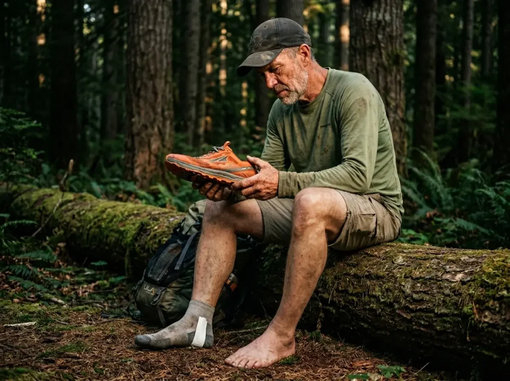 Hiker inspecting compressed trail runner midsole and Leuko Tape on his heel during a shakedown.