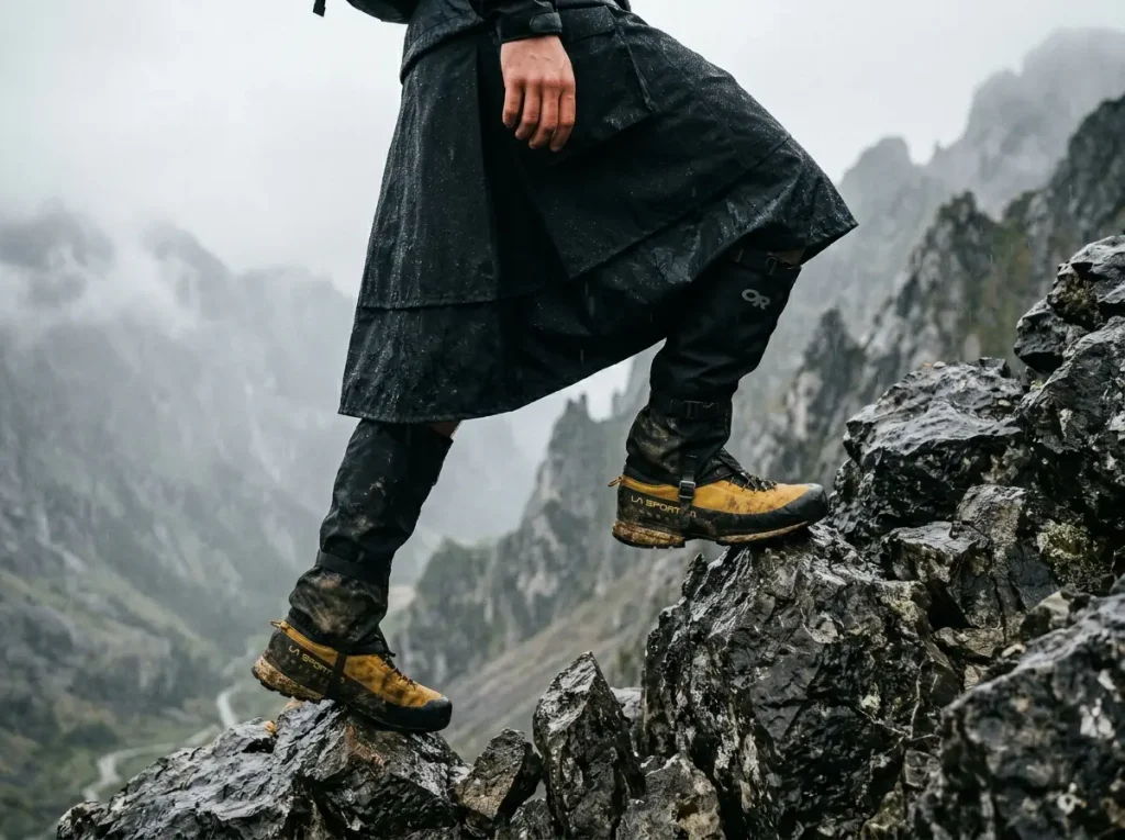 Hiker scrambling on wet rocks wearing a Zpacks rain kilt overlapping Outdoor Research gaiters