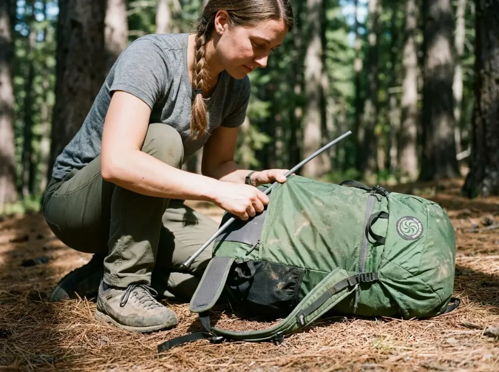 Hands removing the hoop stay from a Six Moon Designs Swift V convertible ultralight backpack
