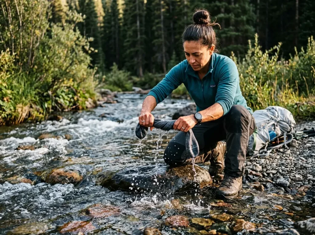 Female hiker wringing out Silverlight socks in an alpine creek to remove salt crystals for optimal foot hygiene.
