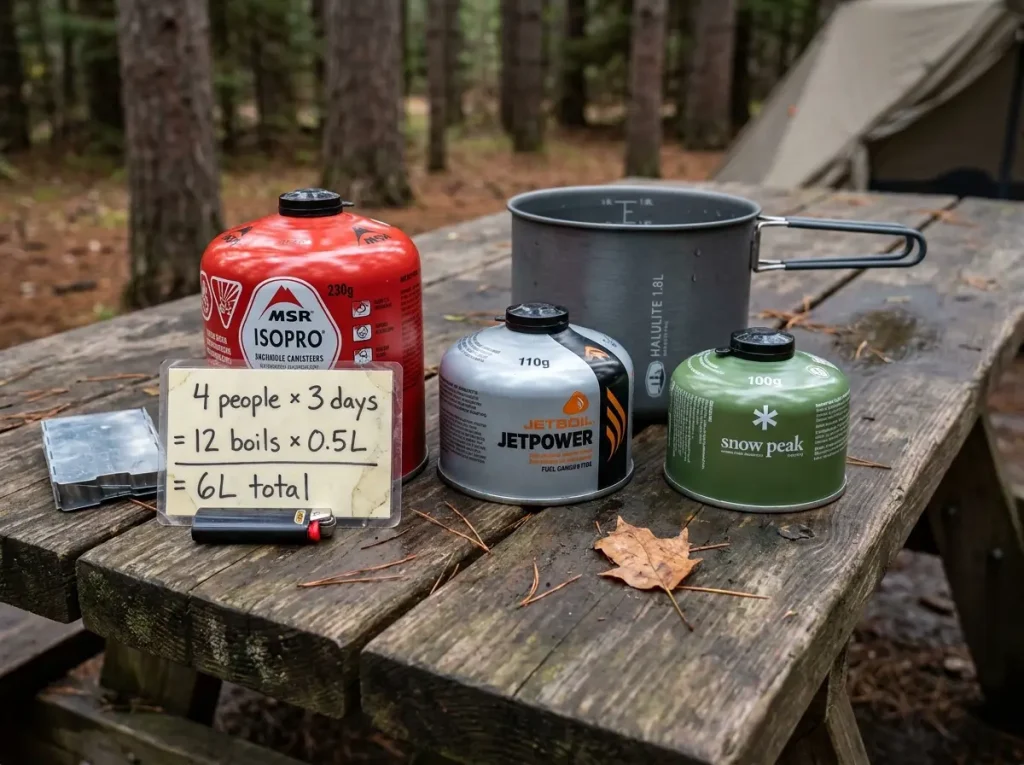 Backpacking fuel canisters of different sizes next to a pot and measuring cup