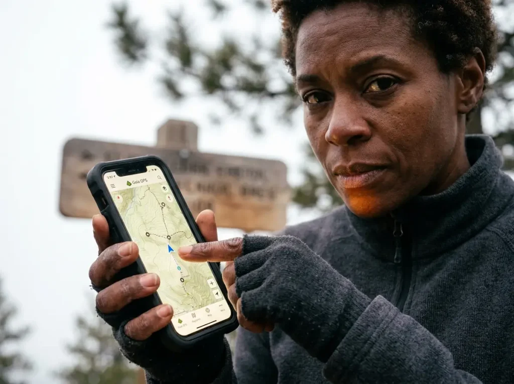 Female hiker checking digital topographic map on Gaia GPS